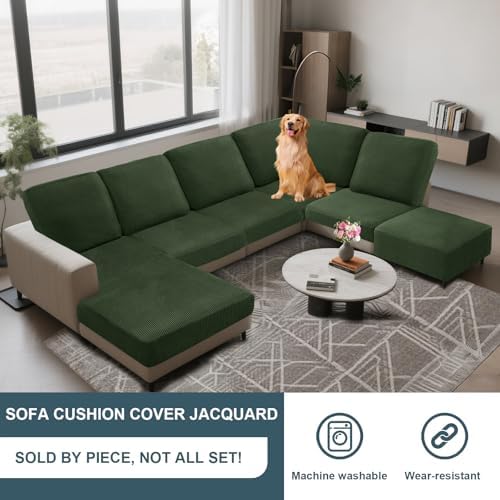 Seat Cushion Cover and Back Covers for Corner Sofa Stretch Jacquard, Non Slip L Shaped Sofa Slipcover with Storage Ottoman, Sectional Couch Cover for Chaise Lounge (Army green,Corner seat cover)
