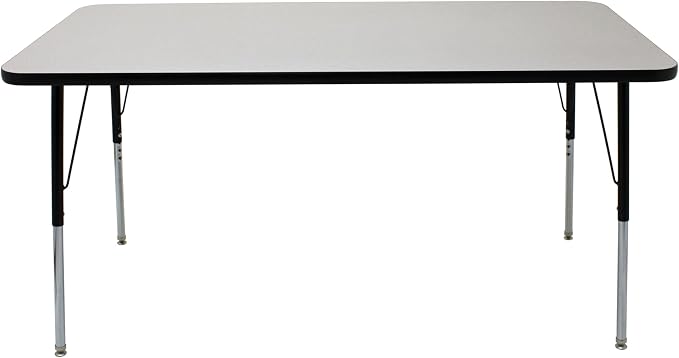 FDP Rectangle Activity School and Office Table (30 x 60 inch), Standard Legs with Swivel Glides, Adjustable Height 19-30 inches; Quick Ship Single Box - Gray Top and Black Edge