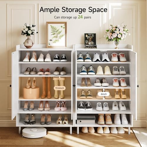 Shoe Cabinet with Cross Molding Doors, 6-Tier Storage, White