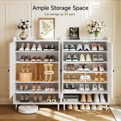 Shoe Cabinet with Cross Molding Doors, 6-Tier Storage, White