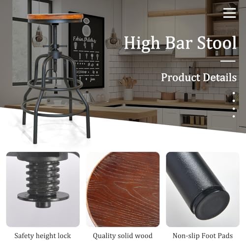 Vintage Industrial Barstools - 13.8" Dia Round Wooden Brown Seat - Black Metal Base - Adjustable Height: 23.6"-29.5" / Minimalist Design/Raw Rustic Look/Rotating Top Bar Chairs, Set of 2