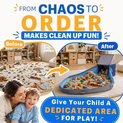 Toy Storage Organizer with Play Mat for Kids – 13" x 13" x 13" Storage Box, Stackable and Foldable Cubby Baskets for Playroom, Nursery Bins for Boys and Girls (Noble Blue)