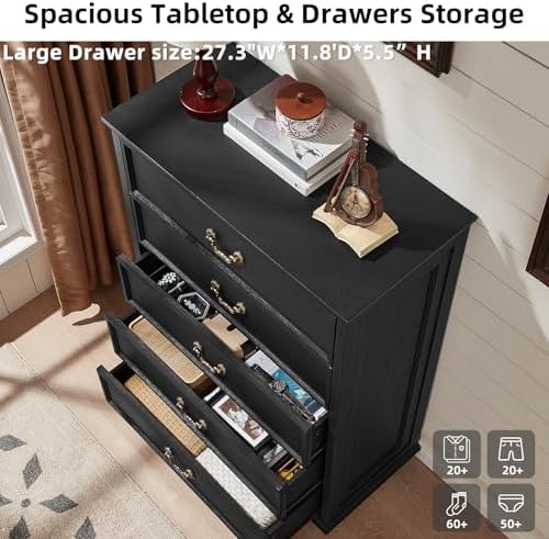 Joaxswe Farmhouse 5 Drawer Dresser Set of 2 for Bedroom, 45" Tall Rustic Chests of Drawers w/ 4 Solid Wood Feet, Vintage Mid Century Wooden Closet Storage Dressers Organizer for Living Room, Black