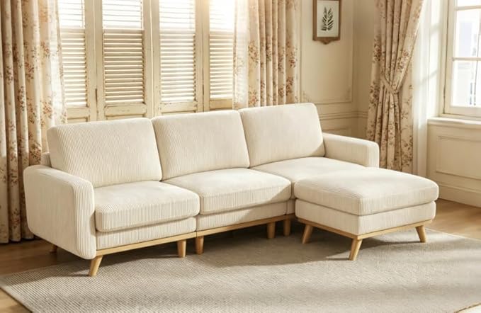 L-Shaped Sectional Sofa, 3-Seater Convertible Couch with Ottoman, FSC Certified Solid Wood Frame, Spring Cushions, Curved Armrests, Comfort Corduroy Sofa for Living Room, Apartment, Office, Beige