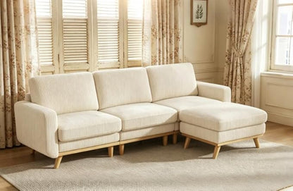 L-Shaped Sectional Sofa, 3-Seater Convertible Couch with Ottoman, FSC Certified Solid Wood Frame, Spring Cushions, Curved Armrests, Comfort Corduroy Sofa for Living Room, Apartment, Office, Beige