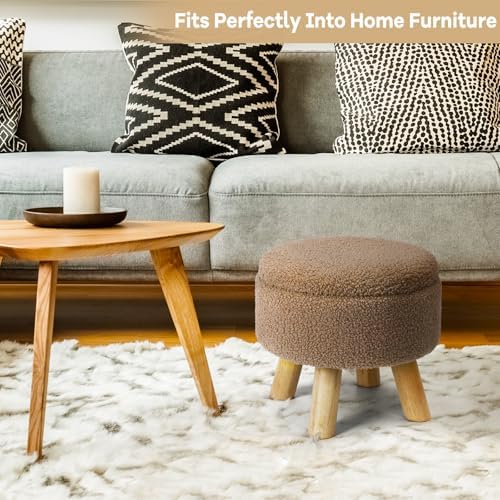 OGEMXU Ottoman Foot Rest, Small Round Ottoman with Storage, Boucle Teddy Velvet Footstool with Wood Legs, Soft Sponge Storage Ottoman for Living Room, Bedroom, Couch, Enterway (Camel Brown)