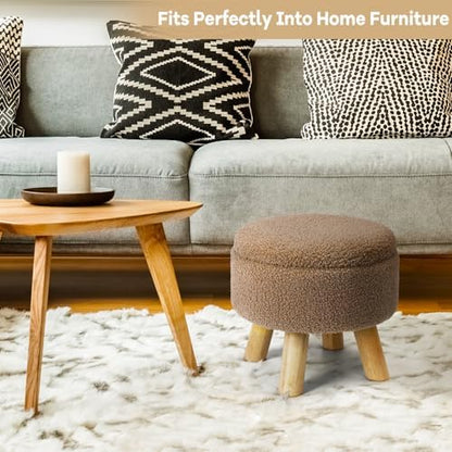 OGEMXU Ottoman Foot Rest, Small Round Ottoman with Storage, Boucle Teddy Velvet Footstool with Wood Legs, Soft Sponge Storage Ottoman for Living Room, Bedroom, Couch, Enterway (Camel Brown)