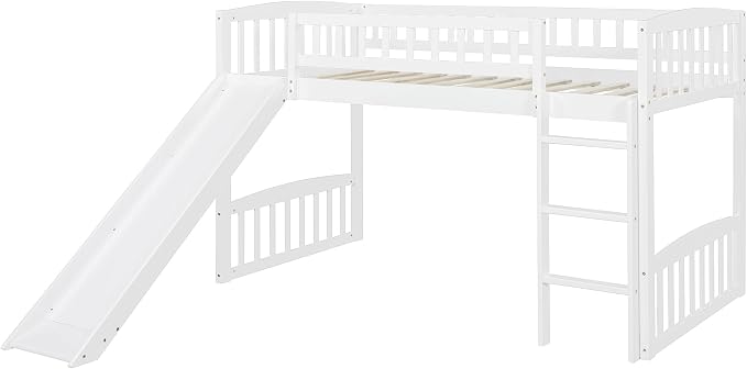Twin Size Loft Bed, Wood Loft Bed with Slide and Ladder, White