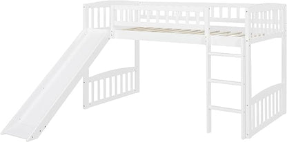 Twin Size Loft Bed, Wood Loft Bed with Slide and Ladder, White