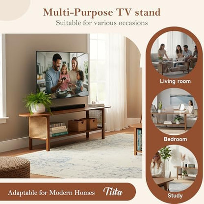 Tiita Walnut TV Stand for 65-Inch TVs, 2 Open Shelves, Rattan Media Console