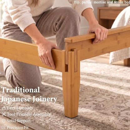 Solid Bamboo King Bed Frame with Headboard, Japanese Joinery
