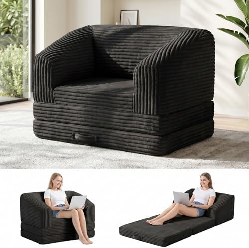 Convertible Boneless Couch Sleeper Sofa Bed, Folding Oversized Bean Bag Couch Bed, Comfy Sofa Chairs for Adults with Filling, Single, Black
