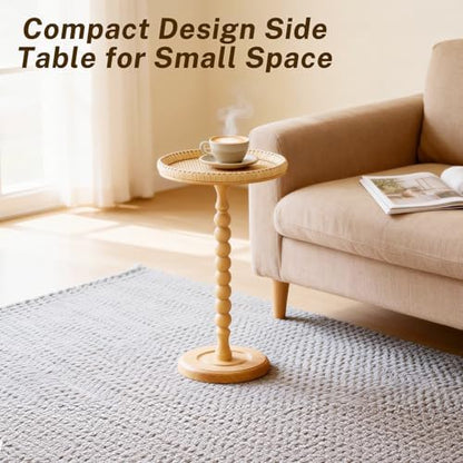 Small Side Table, Rattan Drink Table, Round Side Table for Small Spaces, Boho Circle End Table Coffee Table with Solid Wood Leg for Living Room, Pedestal Table for Bedroom, Corners