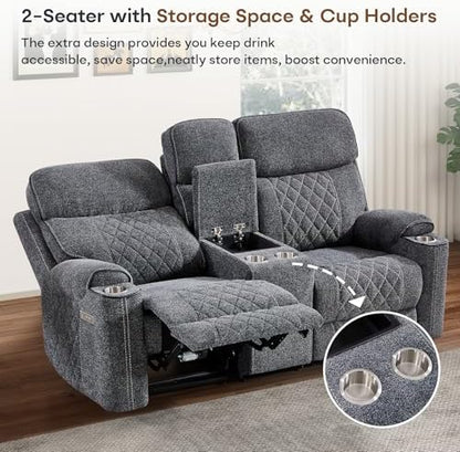HAOMARKETS 2-Piece Power Recliner Sofa Set with Charging Port, Include Single Recliner Chair and 2-Seater Loveseat Reclining Couch with Hidden Storage and Cup Holders for Living Room, Dark Grey
