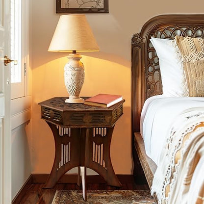 COTTON CRAFT Solid Wood End Table - Hand Carved Folding Moroccan Side Table