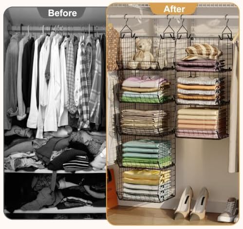 6 Tier Closet Hanging Organizer, Clothes Hanging Shelves with 4 Hanging Hooks 5 S Hooks, Wire Storage Basket Bins, for Clothing Sweaters Shoes Handbags Clutches Accessories Patent Design-Black