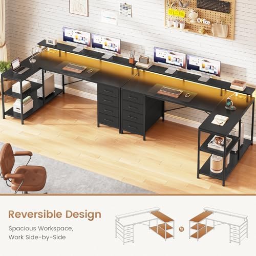 SEDETA L Shaped Gaming Desk with 4 Drawers, Shelves, Power Outlets, Black