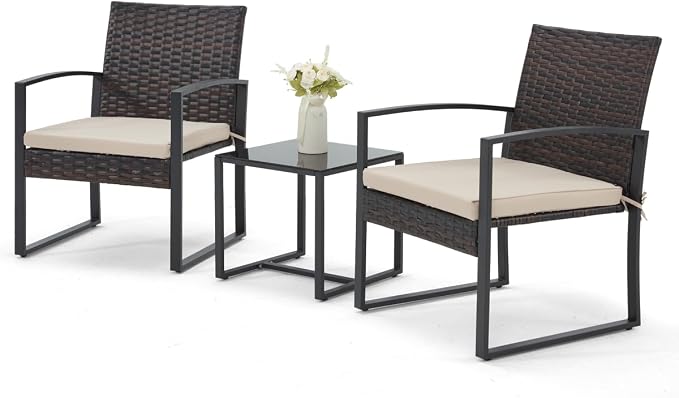 Bezseller 3 Pieces Patio Furniture Set, Outdoor Rattan Bistro Set with Coffee Table, Durable Steel Frame with Strapped Cushions for Garden, Balcony, Poolside, Backyard