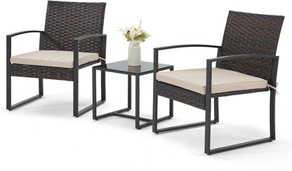 Bezseller 3 Pieces Patio Furniture Set, Outdoor Rattan Bistro Set with Coffee Table, Durable Steel Frame with Strapped Cushions for Garden, Balcony, Poolside, Backyard