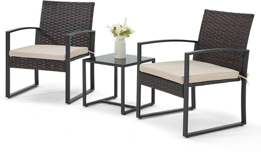 Bezseller 3 Pieces Patio Furniture Set, Outdoor Rattan Bistro Set with Coffee Table, Durable Steel Frame with Strapped Cushions for Garden, Balcony, Poolside, Backyard