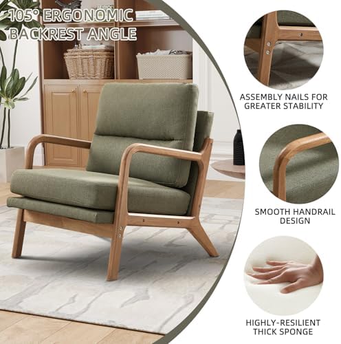 INZOY Mid Century Modern Accent Chair, Linen Fabric Lounge Arm Chair, Green