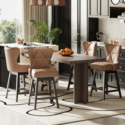 MALOL Swivel Counter Height Bar Stools Set of 6, Tall Faux Leather Barstools, Modern Bar Chairs with Solid Back and Wood Legs for Kitchen Island，Brown