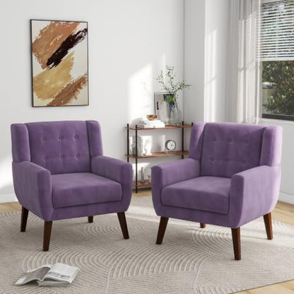 Pia Ricco Mid Century Modern Button Tufted Purple Velvet Set of 2 Accent Armchair for Living Room