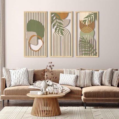 IARTTOP Boho Mid-Century Modern Wood Wall Art 16x32 Inch Large Green Abstract Wood Wall Decor Mid Century Bohemian Artwork for Bedroom Living Room Office Kitchen Set of 3