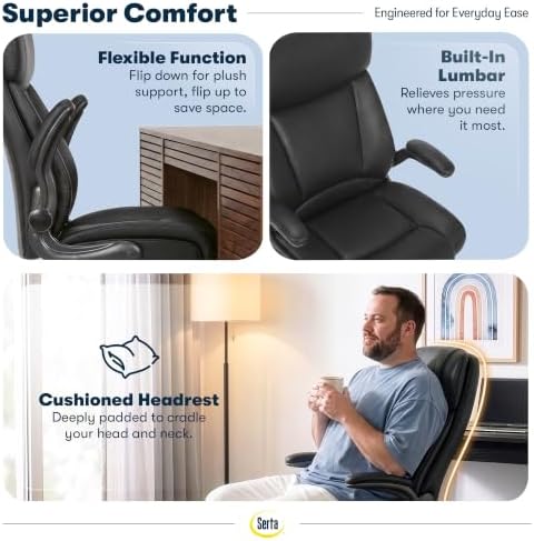 Serta Big and Tall Office Chair with Lumbar Support, Flip Arm Leather Chair