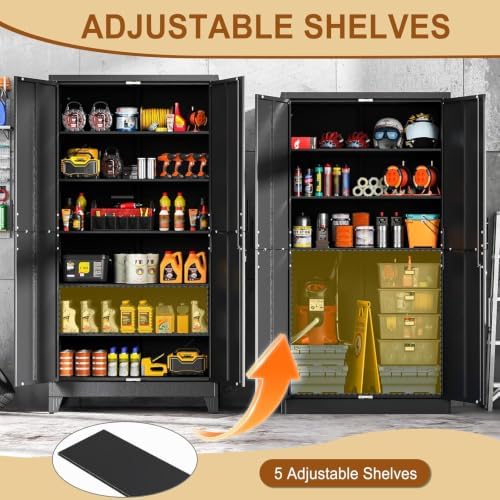 79" Metal Storage Locker Cabinet with Lock and 5 Adjustable Shelves,Steel Lockable Garage Tool Cabinet, File Cabinet,Kitchen Pantry Cabinet for Home,Office,Garage,School,Warehouse Black