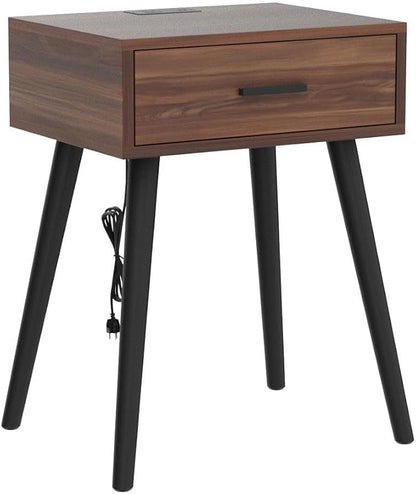 HAIOOU Nightstands Set of 2 with Charging Station, Mid Century Modern Bedside Table, End Table with Drawer Storage, Solid Pine Wood Legs, Walnut Night Stand for Bedroom Living Room