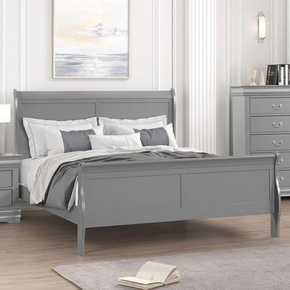 First of a Kind Louis Philippe Traditional Queen Size Bedroom Set 5 Piece Sleigh Design in Gray Finish - Elegant Modern Classic Solid Wood Bedroom Furniture Set