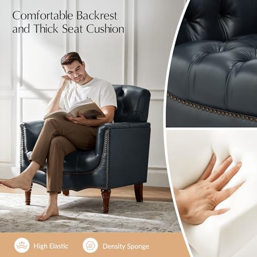 HULALA HOME Mid Century Modern Genuine Leather Accent Chair, Navy