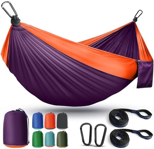 Camping Hammock Lightweight, Portable Hammocks Parachute Hammock with Two Tree Straps, Single or Double Travel Swing Nylon Camp Hammocks, Outdoor Essentials for Beach Backpacking Hiking, Orange
