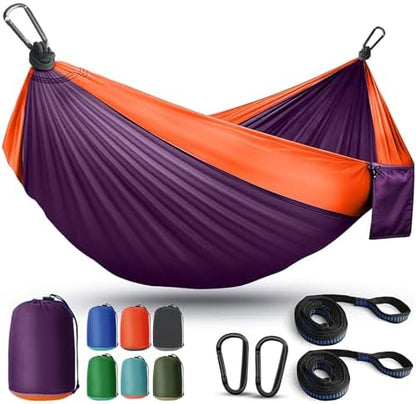 Camping Hammock Lightweight, Portable Hammocks Parachute Hammock with Two Tree Straps, Single or Double Travel Swing Nylon Camp Hammocks, Outdoor Essentials for Beach Backpacking Hiking, Orange