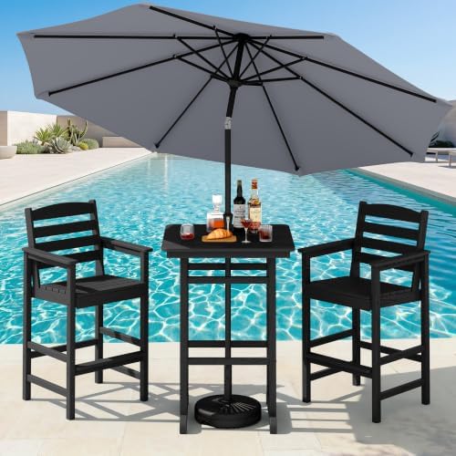SERWALL 4 Pcs HDPE Bar Height Adirondack Chairs and Bar Table Set, Black