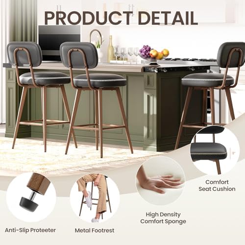 MALOL 26“ Mid Century Leather Swivel Bar Stools Set of 2, Black