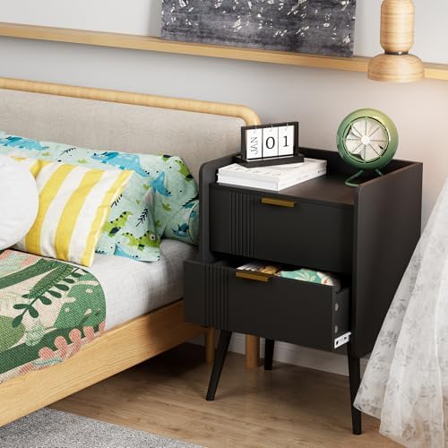Aenuert Black Nightstand Modern Bedside Table with 2 Storage Drawer, Small Night Stand, Wooden Sofa Side Table for Bedroom, Study Room and Small Spaces