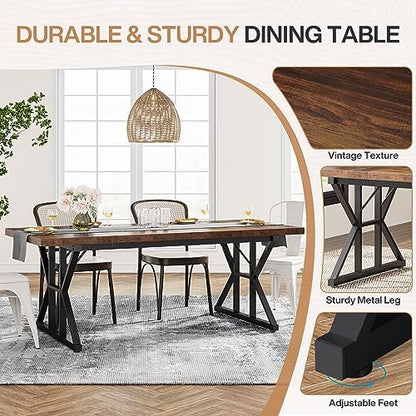 Tribesigns Farmhouse Dining Table for 6 People, 70.8-Inch Rectangular Wood Dining Table, Rustic Kitchen Table with Heavy Duty Metal Legs for Dining Room