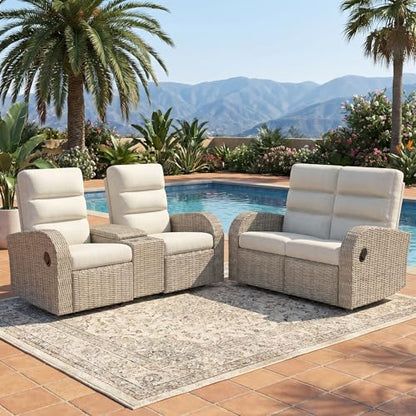 LayinSun Oversized 2 Pieces Wicker Outdoor Recliner Loveseat with Adjustable Backrest & Footrest, Patio Reclining Lounge Sofa