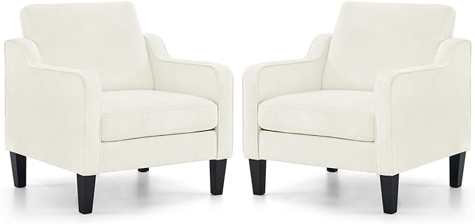 VINGLI Accent Chairs Set of 2 White Chenille Living Room Chairs Reading Chair for Bedroom Scooped Arm Chair Mid Century Modern Accent Chair Upholstered Comfy Chair for Apartment, Waiting Room