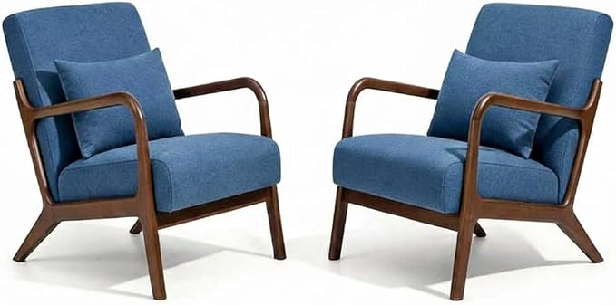 Set of 2 Mid Century Modern Accent Chair with Wooden Frame & Linen Upholstery, Comfortable Mid Century Lounge Chair with Pillow, Wooden Accent Chair for Living Room, Bedroom or Reading Corner