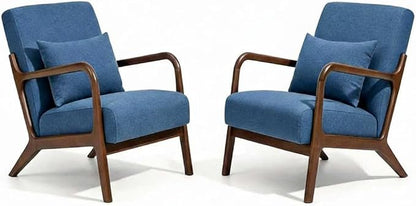 Set of 2 Mid Century Modern Accent Chair with Wooden Frame & Linen Upholstery, Comfortable Mid Century Lounge Chair with Pillow, Wooden Accent Chair for Living Room, Bedroom or Reading Corner