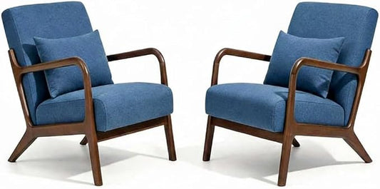 Set of 2 Mid Century Modern Accent Chair with Wooden Frame & Linen Upholstery, Comfortable Mid Century Lounge Chair with Pillow, Wooden Accent Chair for Living Room, Bedroom or Reading Corner