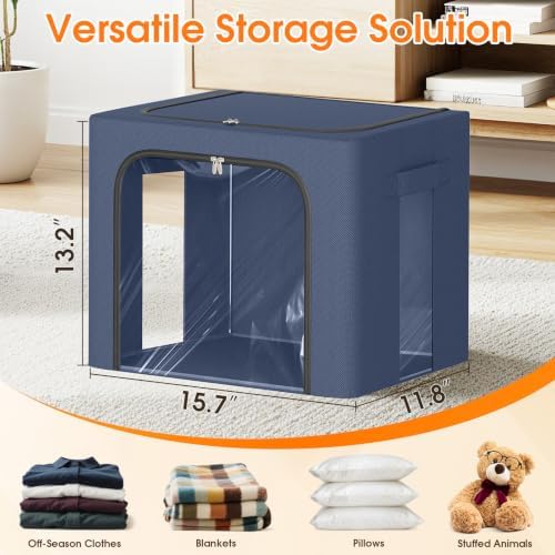 6 Pack Clothes Storage Bins with Metal Frame, Navy Blue, 40L