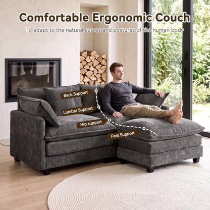77" Cloud Chenille Sofa Loveseat Couch, Sectional with Ottoman, Grey
