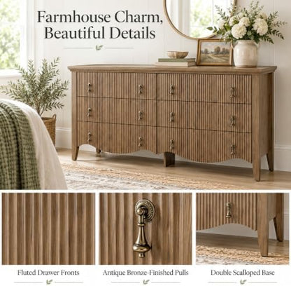 6-Drawer Fluted Dresser, 52" Wide Double Chest of Drawers,Light Oak