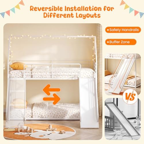 KOTEK Twin Over Twin House Bunk Bed with Slide, White
