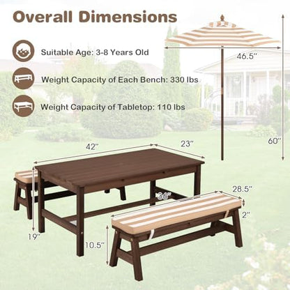 KOTEK Kids Picnic Table with Umbrella, Wooden Toddler Outdoor Table with Benches & Cushions, 42" x 23" Large Tabletop, Kids Backyard Furniture for Patio Garden Lawn (Coffee)