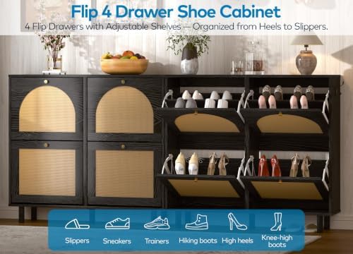 Narrow Rattan Shoe Storage Cabinet for Entryway with 4 Flip Drawers, 39.4" Wide Slim Freestanding Arched Woven Wood Hidden Shoe Organizer Cabinet for Hallway Foyer, (4 Flip Drawers, Black)